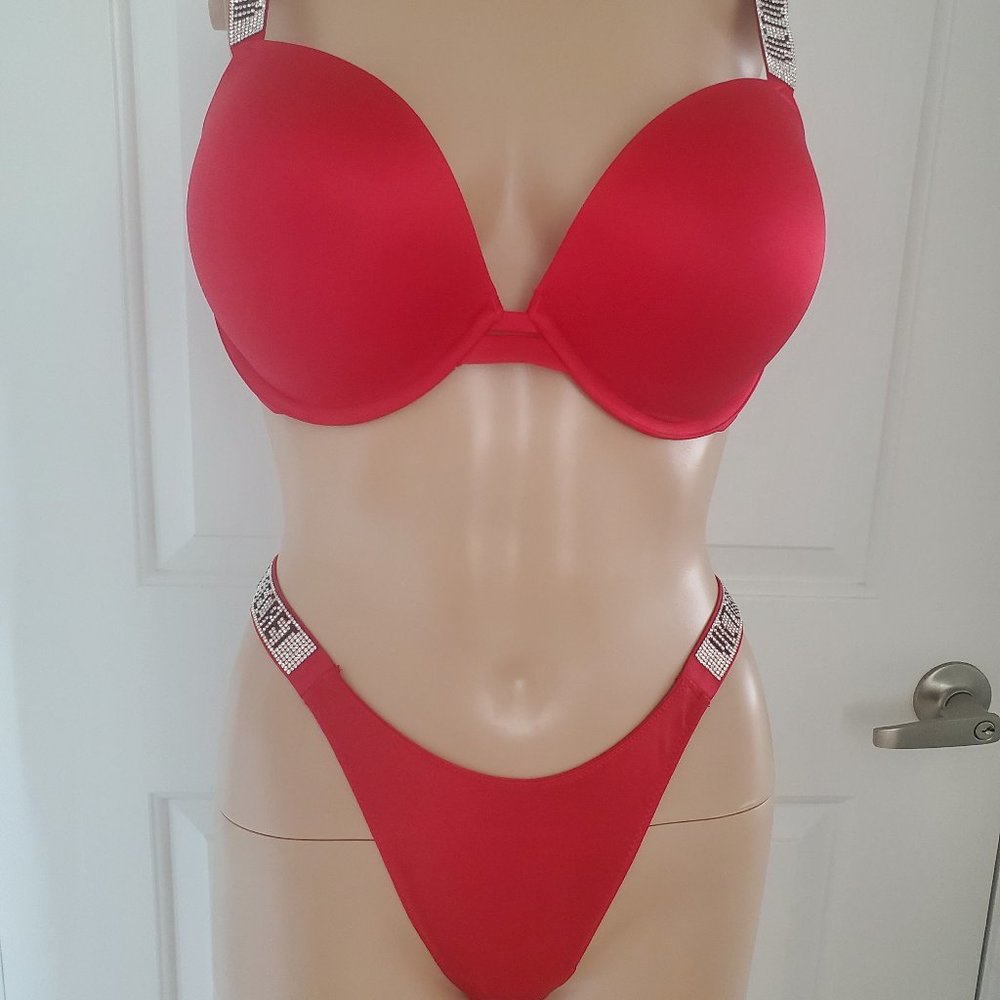 Victoria's Secret Very Sexy Shine Strap Push Up Bra & Brazilian Panty Set-Red